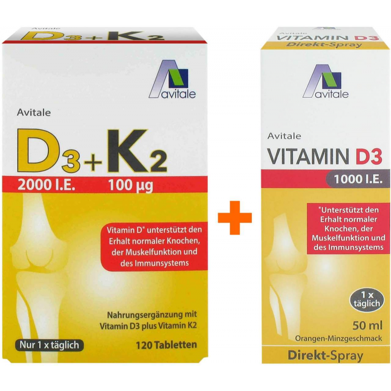 Vitamin D3 + K2 2000 I.E. +100 µg 120 Tabletten Avitale + Vitamin D3 1000 I.E. Spray 50 ml