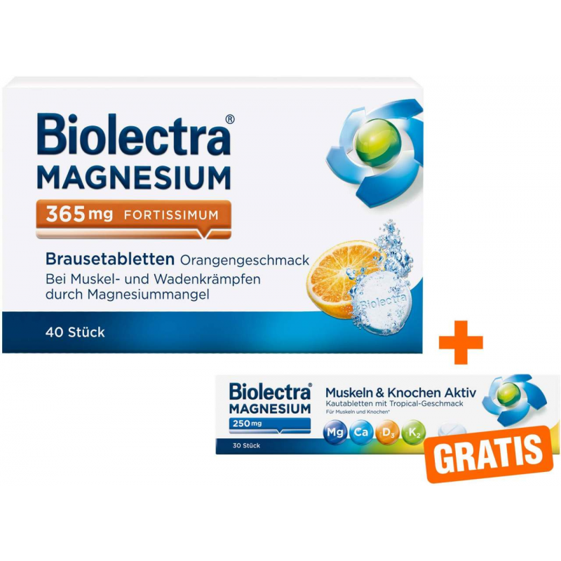 Biolectra Magnesium 365 mg fortissimum Orangengeschmack 40 Brausetabletten + gratis Magnesium 250 mg 30 Kautabletten