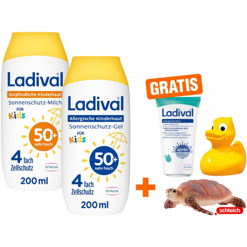 Ladival allergische Kinderhaut Gel 200 ml + Kinderhaut Milch 200 ml + gr. Schleich® Schildkröte + gr. Ente + gr. Lotion