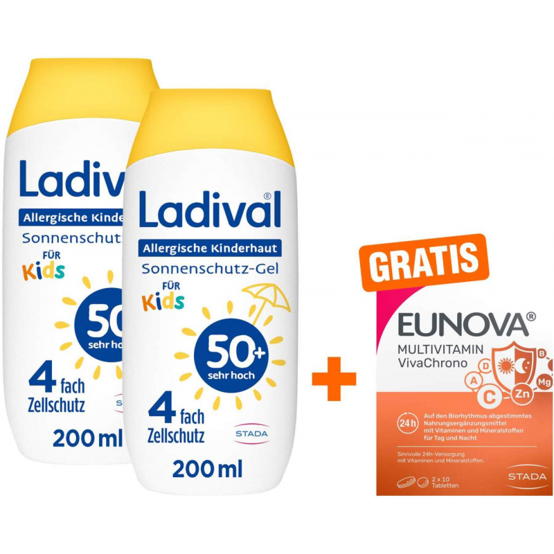 Ladival allergische Kinderhaut Gel LSF 50+ 2 x 200 ml + gratis Eunova VivaChrono 2 x 10 Tabletten
