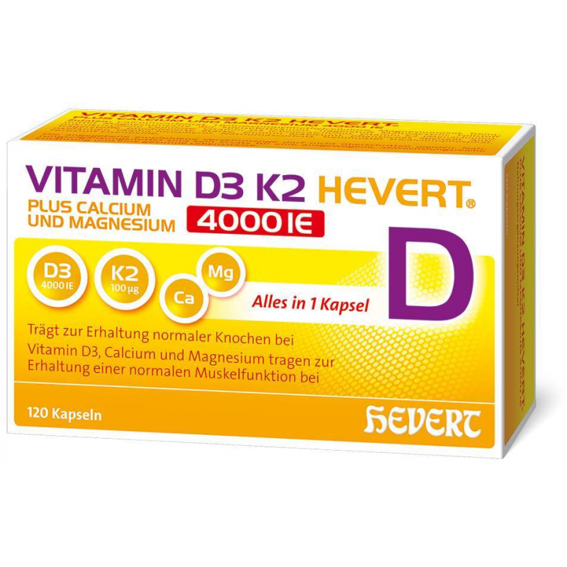Vitamin D3 K2 Hevert + Calcium und Magnesium 4000IE 120 Kapseln