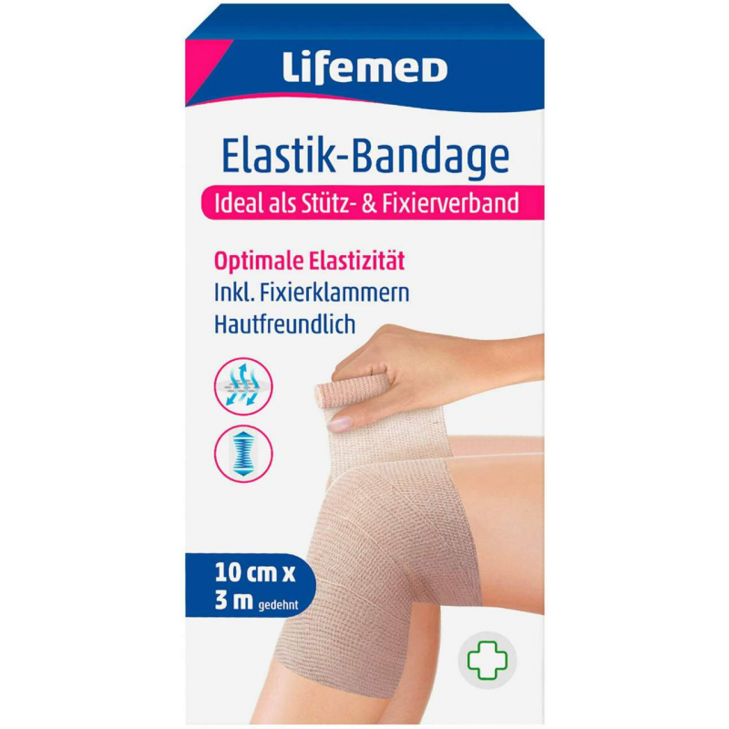Elastik-Bandage 10 cm x 3 m, inkl. Fixierklammern