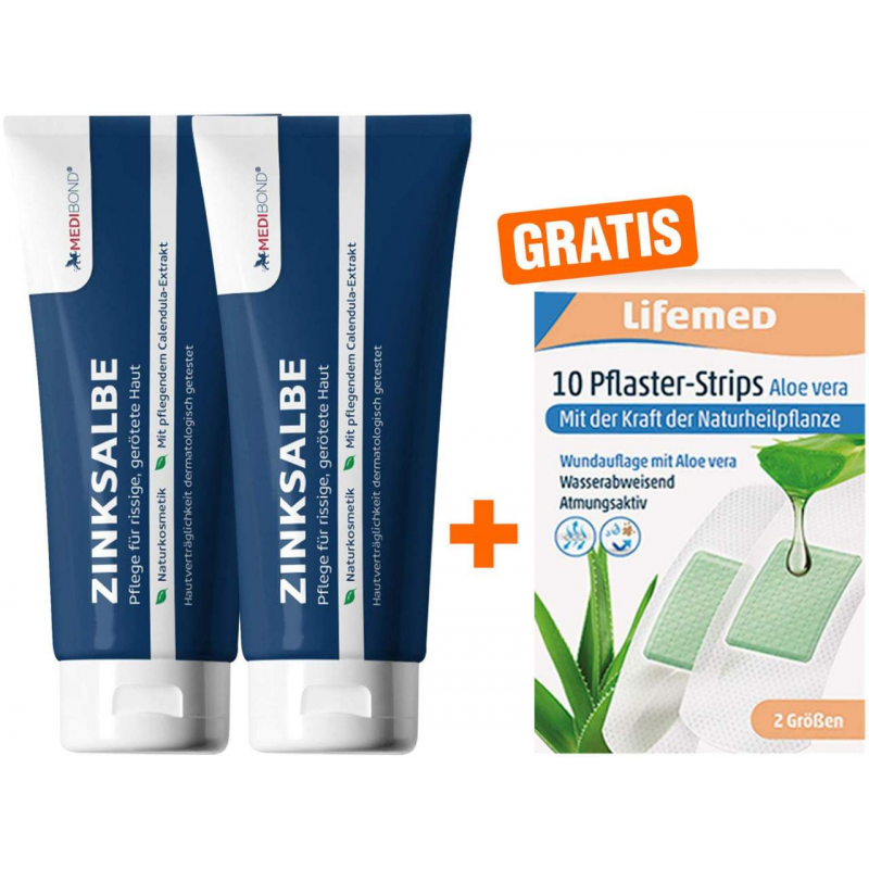 Zinksalbe Medibond 2 x 50 ml + gratis Pflaster-Strips Aloe Vera 10 Stück, 2 Größen