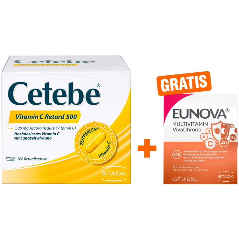 Cetebe Vitamin C Retardkapseln 500mg 180 Stück + gratis Eunova VivaChrono 2 x 10 Tabletten