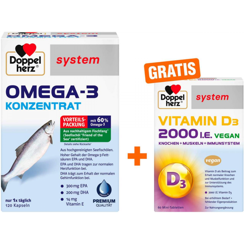 Doppelherz system Omega 3 Konzentrat Kapseln 120 Stück + gratis Doppelherz Vitamin D3 2000 I.E. vegan 60 Tabletten