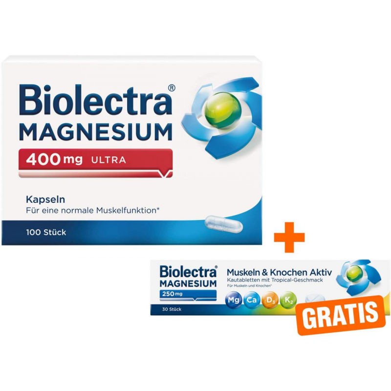 Biolectra Magnesium 400mg ultra 100 Kapseln + gratis Magnesium 250 mg Muskeln und Knochen Aktiv 30 Kautabletten
