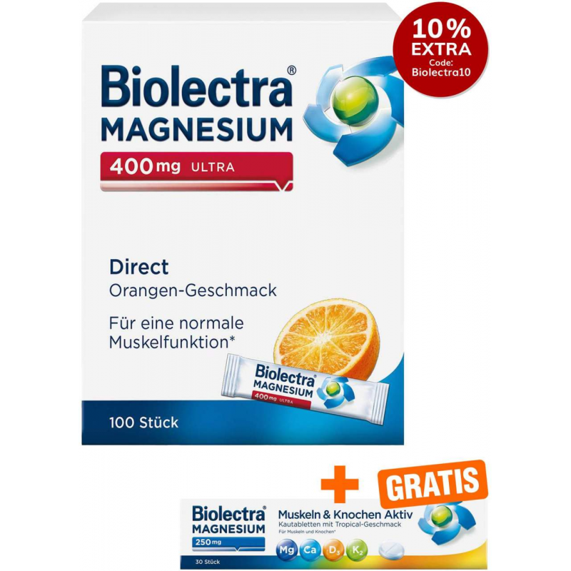Biolectra Magnesium 400 mg ultra Direct Orangengeschmack 100 Pellets + gratis Magnesium 250 mg 30 Kautabletten