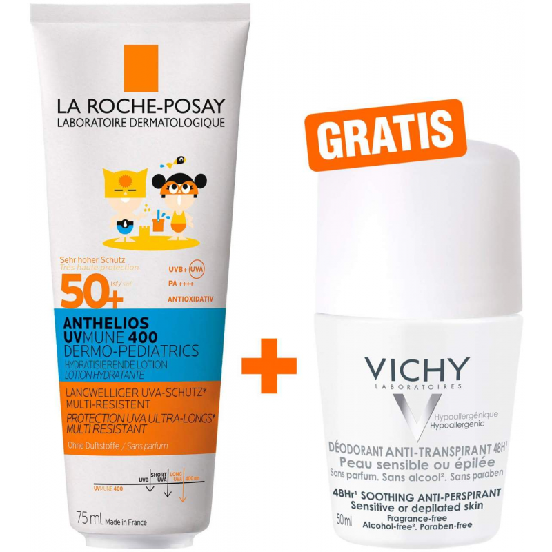 La Roche Posay Anthelios Dermo-Kids Hydratisierende Milch UVMune LSF50 75 ml + gratis Vichy Deo Roll-on 48h 50 ml