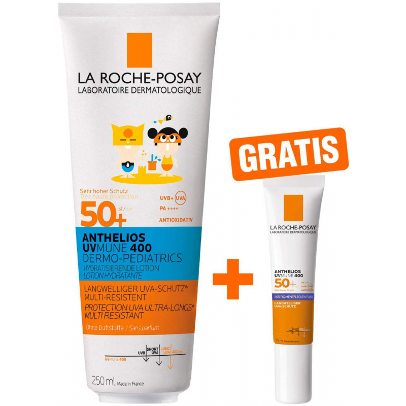 La Roche Posay Anthelios Dermo-Kids Hydratisierende Milch UVMune 400 LSF50 250 ml + gratis Anthelios Anti-Pigment 15 ml