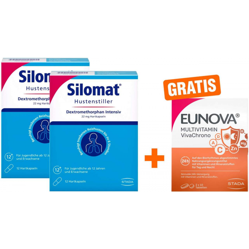 Silomat Hustenstiller Dextromethorphan Intensiv 2 x 12 Hartkapseln + gratis Eunova VivaChrono 2 x 10 Tabletten