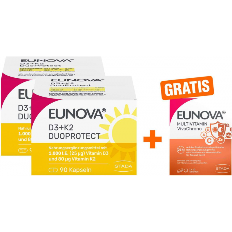 Eunova DuoProtect D3 + K2 1000 I.E. 2 x 90 Kapseln + gratis Eunova VivaChrono 2 x 10 Tabletten