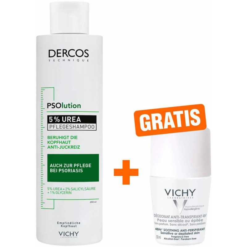Vichy Dercos Psolution Shampoo 200 ml + gratis Vichy Deo Roll-on Anti Flecken 48h 50 ml