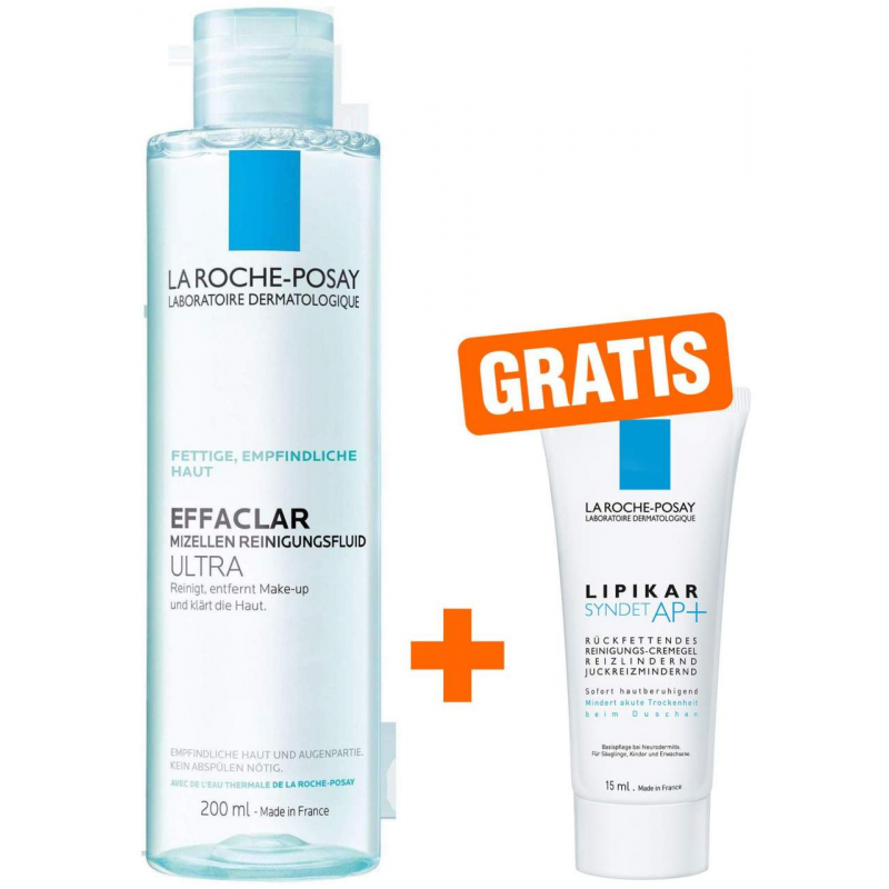 La Roche Posay Effaclar Mizellen Reinigungsfluid Ultra 200 ml + gratis Lipikar Syndet AP+ 15 ml