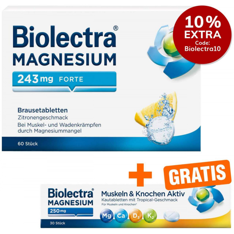 Biolectra Magnesium 243 mg forte Zitronengeschmack 60 Brausetabletten + gratis Magnesium 250 mg 30 kautabletten