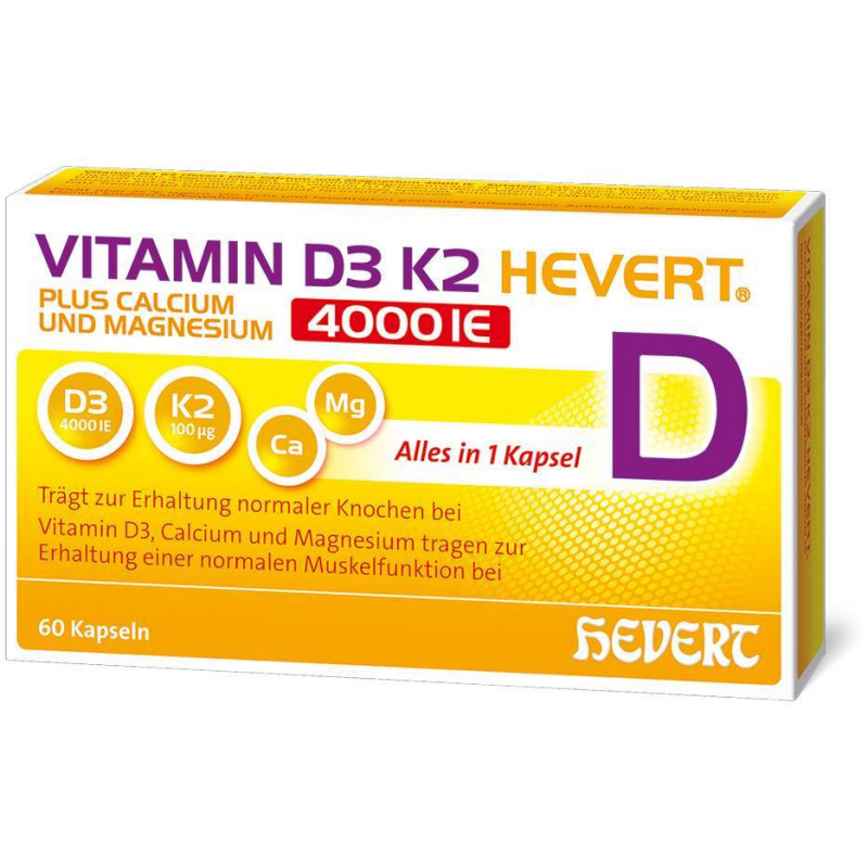 Vitamin D3 K2 Hevert + Calcium und Magnesium 4000IE 60 Kapseln