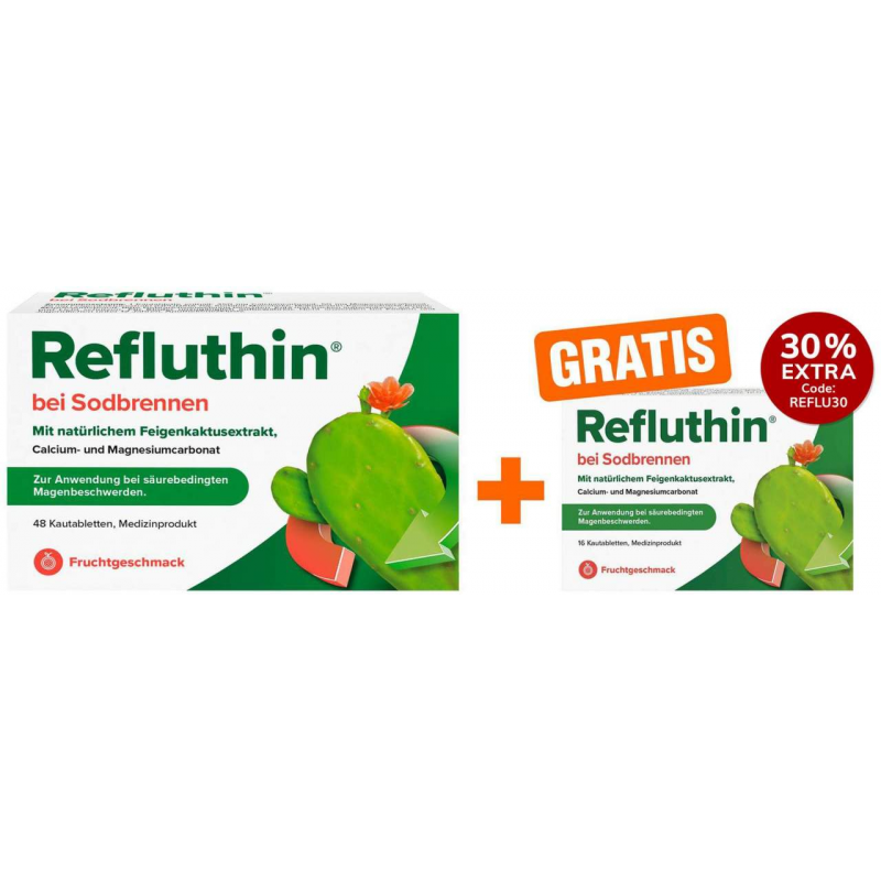 Refluthin Kautabletten Fruchtgeschmack 48 Stück + gratis 16 Kautabletten