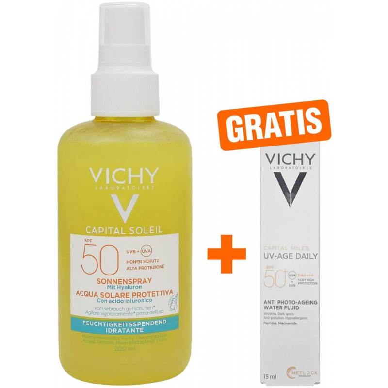 Vichy Capital Soleil Sonnenspray mit Hyaluron LSF 50 200 ml + gratis Vichy Capital Soleil UV-Age Daily LSF 50+ 15 ml