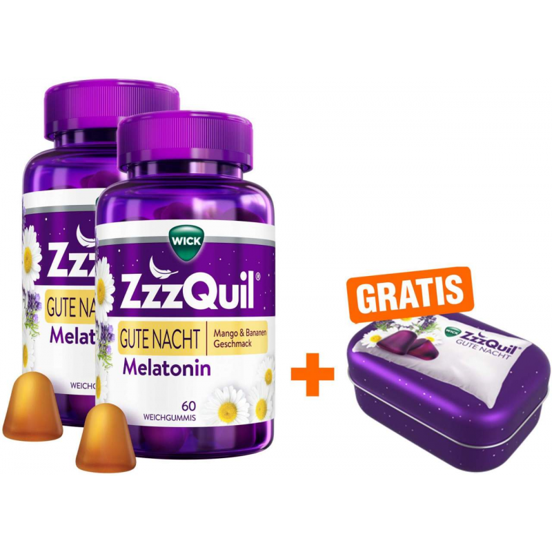 Wick ZzzQuil Gute Nacht Mango & Banane 2 x 60 Weichgummis + gratis Wick ZzzQuil Reise-Dose 1 Stück