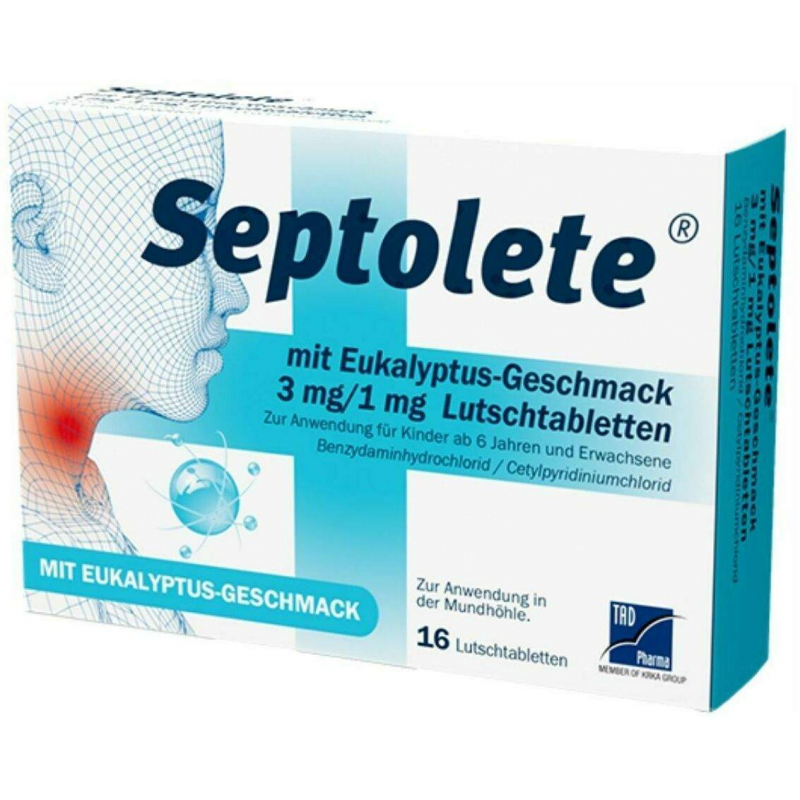 Septolete 3 mg + 1 mg 16 Lutschtabletten mit Eukalyptus-Geschmack