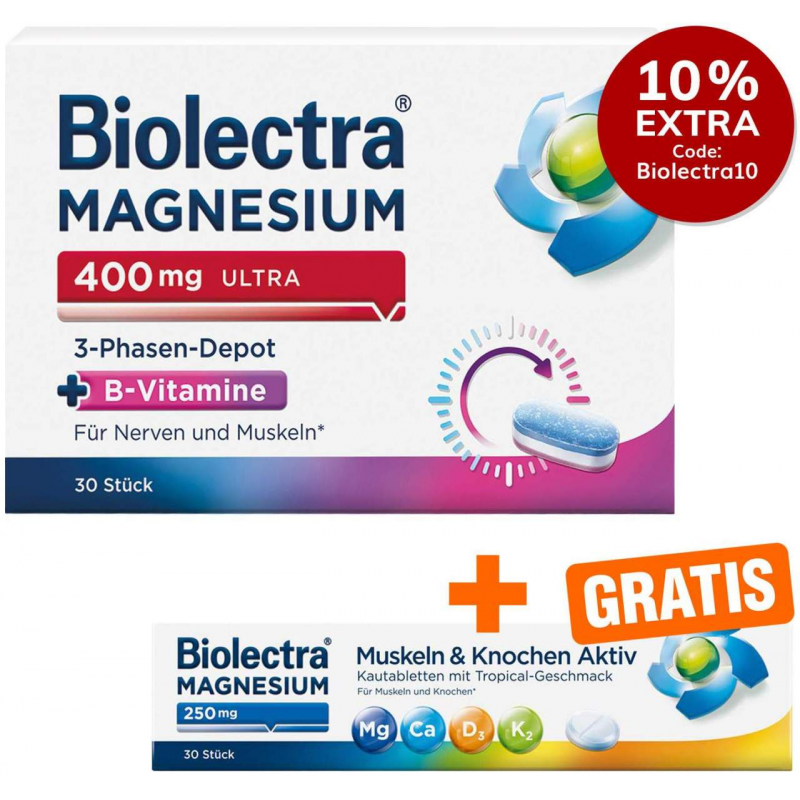 Biolectra Magnesium 400 mg ultra 3-Phasen-Depot 30 Tabletten + gratis Biolectra Magnesium 250 mg Aktiv 30 Kautabletten