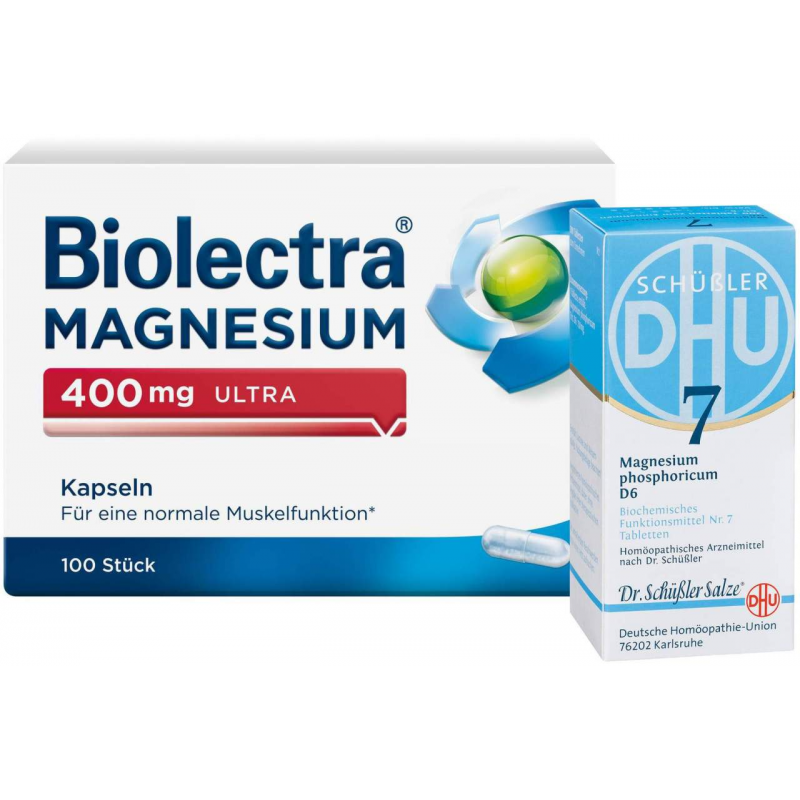 Biolectra Magnesium 400 mg Ultra 100 Kapseln + Biochemie DHU Nr.7 Magnesium phosphoricum D6 200 Tabletten