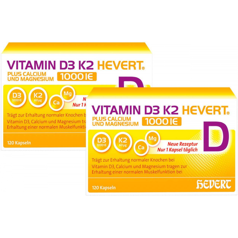 Vitamin D3 K2 Hevert + Calcium und Magnesium 1000IE 2 x 120 Kapseln