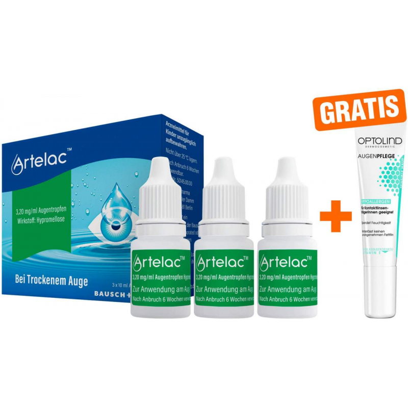 Artelac 3x10ml Augentropfen + gratis Optolind Empflindl. Haut Augenpflege 15 ml