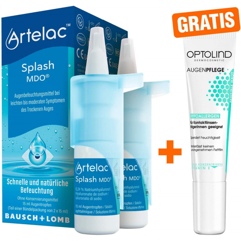Artelac Splash MDO 2 x 15 ml Augentropfen + gratis Optolind Empflindl. Haut Augenpflege 15 ml
