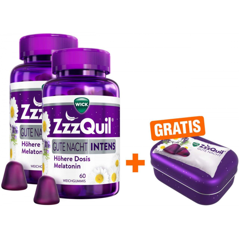 Wick ZzzQuil Gute Nacht Intens 2 x 60 Stück + gratis Wick ZzzQuil Reise-Dose 1 Stück