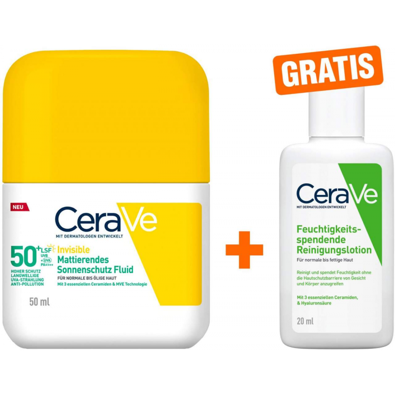 CeraVe Mattierendes Sonnenschutz Fluid LSF 50+ 50 ml + gratis CeraVe Feuchtigkeitsspendende Reinigungslotion 20 ml
