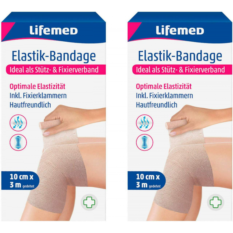 Elastik-Bandage 10 cm x 3 m inkl. 4 Fixierklammern, 2er Set