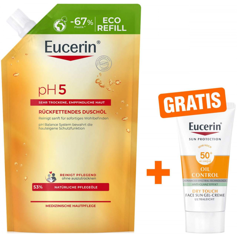 Eucerin pH5 Duschöl 400 ml Nachfüllbeutel empfindliche Haut + gratis Eucerin Sun Gelcreme Oil Control 20 ml