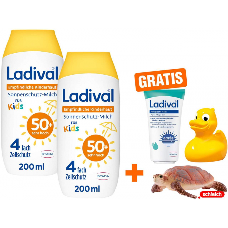 Ladival empfindliche Kinderhaut Milch LSF 50+ 2 x 200 ml + gratis Schleich® Schildkröte + gratis Ente + gratis Lotion