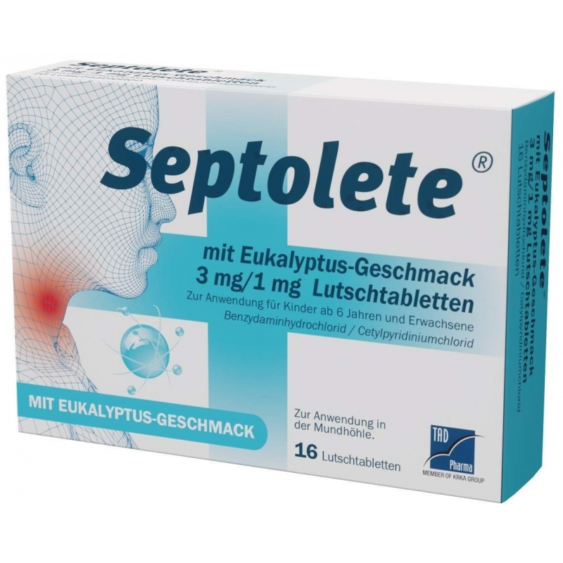 Septolete 3 mg + 1 mg 16 Lutschtabletten mit Eukalyptus-Geschmack