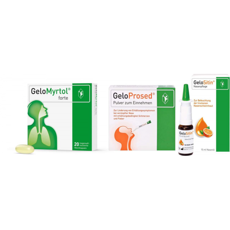 Gelomyrtol forte 20 Kapseln + GeloSitin Nasenpflege 15 ml + GeloProsed Pulver zum Einnehmen 10 Beutel