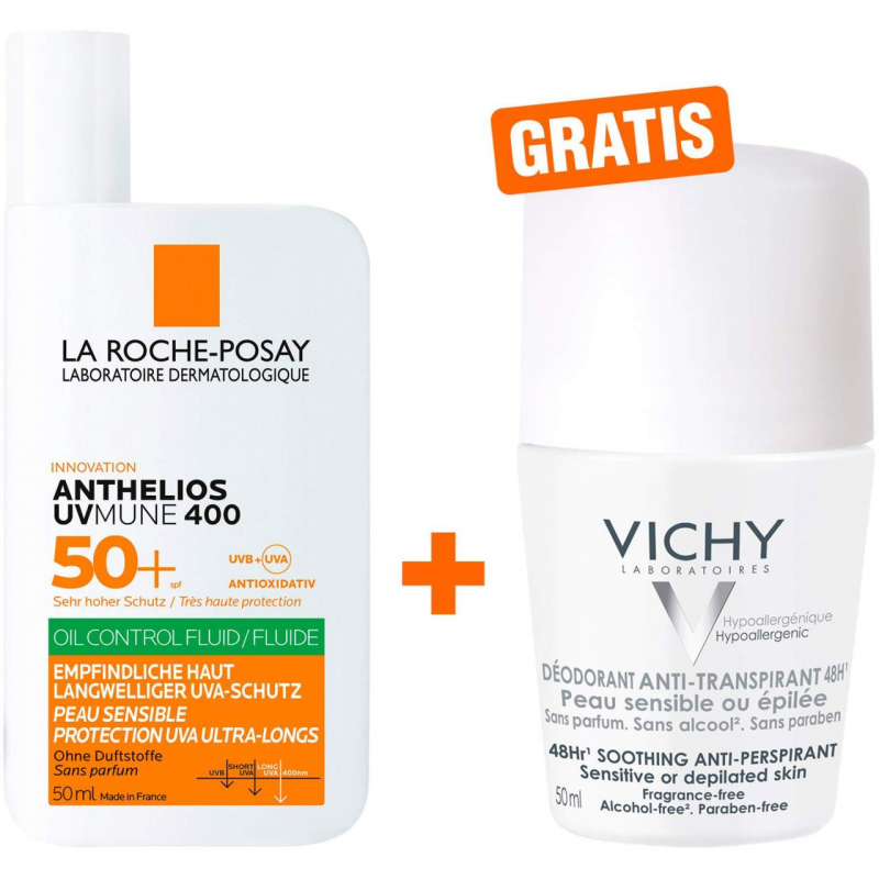 La Roche Posay Anthelios Oil Control Fluid UV Mune 400 LSF 50+ 50 ml + gratis Vichy Deo Roll-on Anti Flecken 48h 50 ml