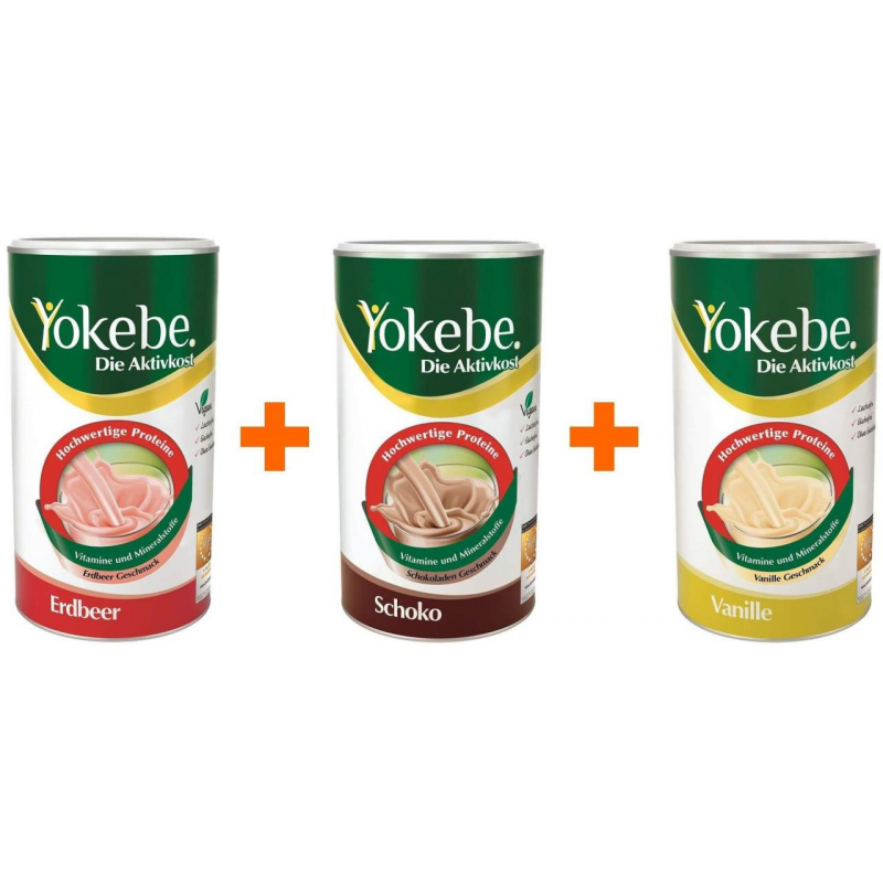 Yokebe Erdbeer lactosefrei NF2 Pulver 500 g + Schoko 500 g + Vanille 500 g Pulver