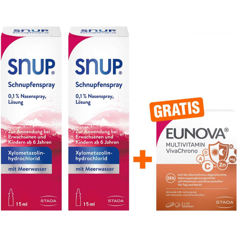 Snup Schnupfenspray 0,1 % Nasenspray 2 x 15 ml + gratis Eunova VivaChrono 2 x 10 Tabletten