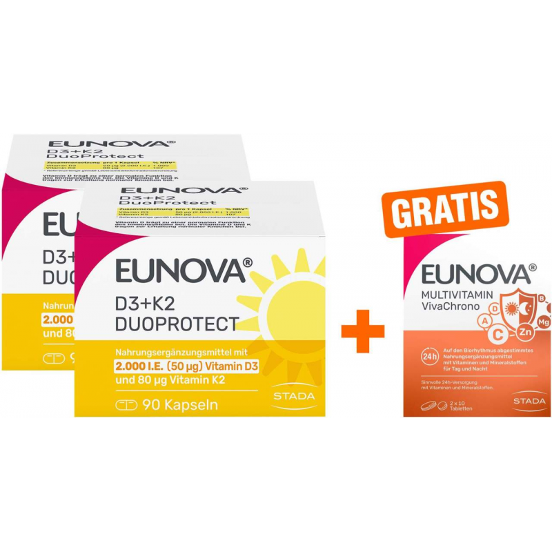 Eunova DuoProtect D3 + K2 2000 I.E. 2 x 90 Kapseln + gratis Eunova VivaChrono 2 x 10 Tabletten
