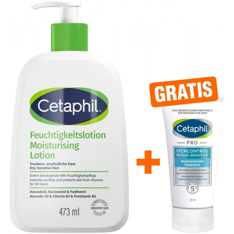 Cetaphil Feuchtigkeitslotion 473 ml + gratis Cetaphil Pro Itch Control Repair sensitive Regenerierende Handcreme 50 ml