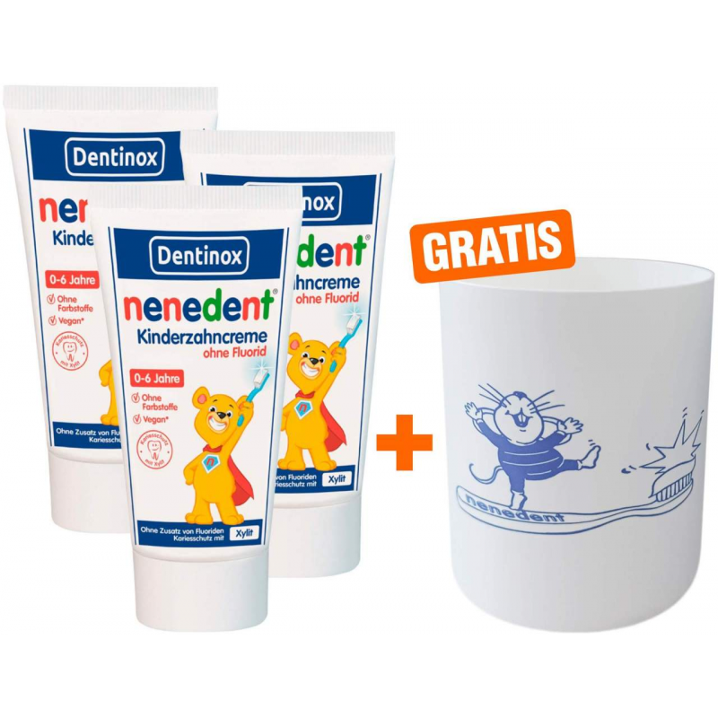 Nenedent Kinderzahncreme ohne Fluorid 0-6 Jahre 3 x 50 ml + gratis Zahnputzbecher 1 Stück