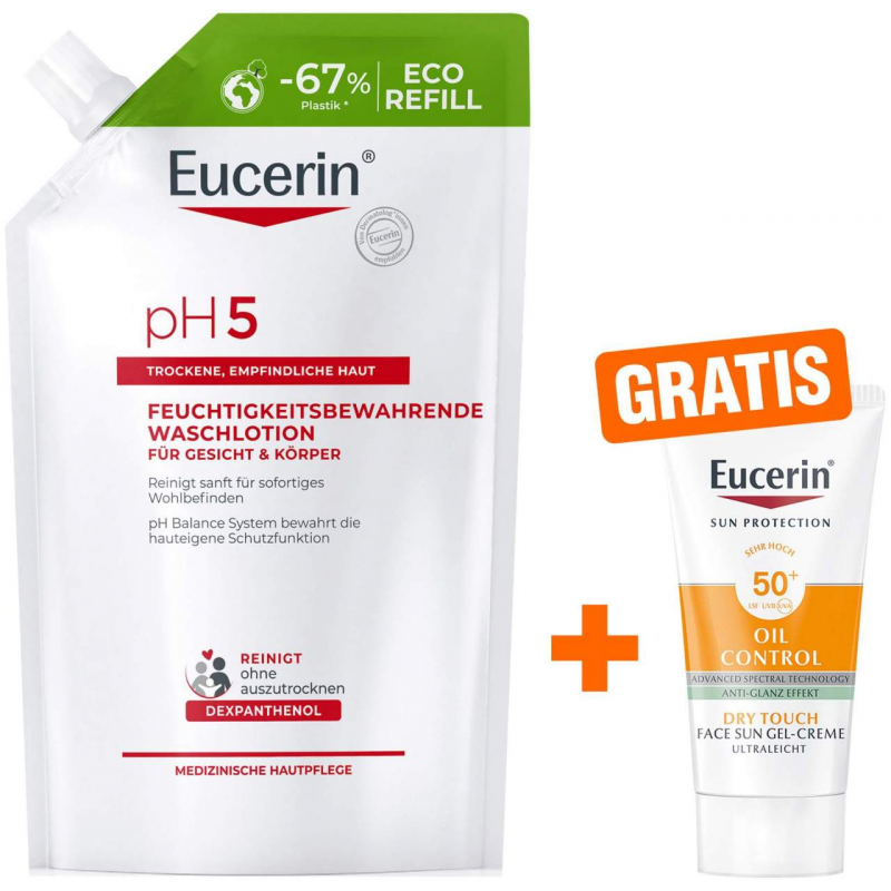 Eucerin pH5 Waschlotion empfindliche Haut Nachfüllbeutel 400 ml + gratis Eucerin Sun Gelcreme Oil Control 20 ml