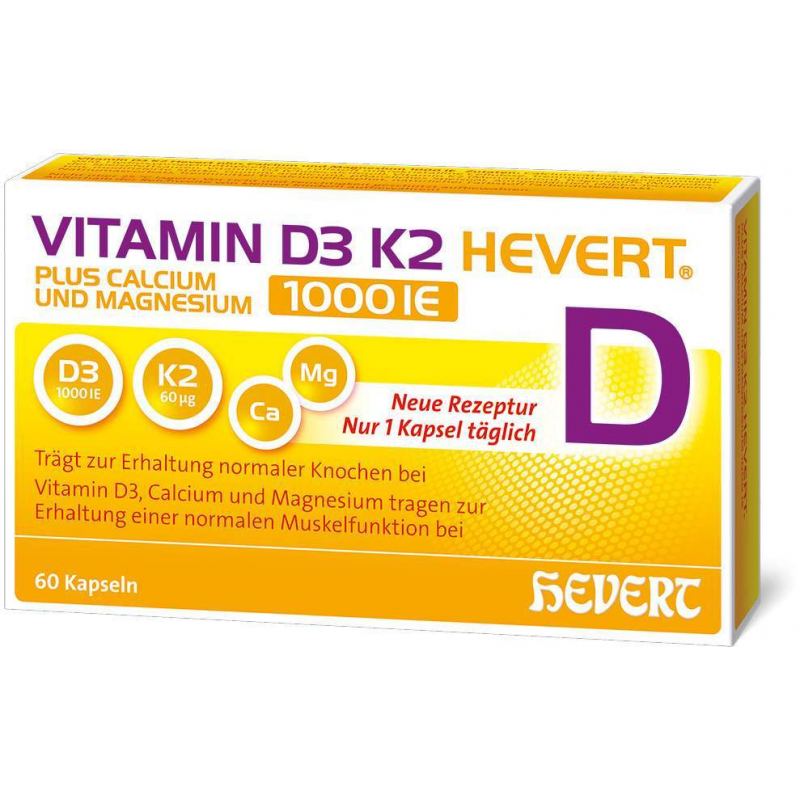 Vitamin D3 K2 Hevert + Calcium und Magnesium 1000IE 60 Kapseln