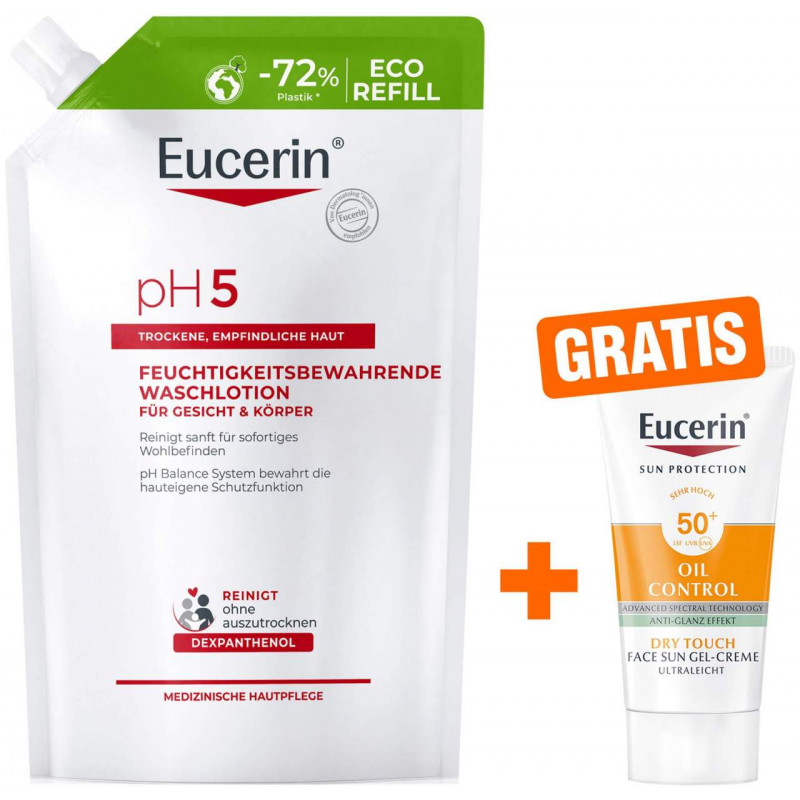 Eucerin pH5 Waschlotion 750 ml Nachfüllbeutel + gratis Eucerin Sun Gelcreme Oil Control 20 ml
