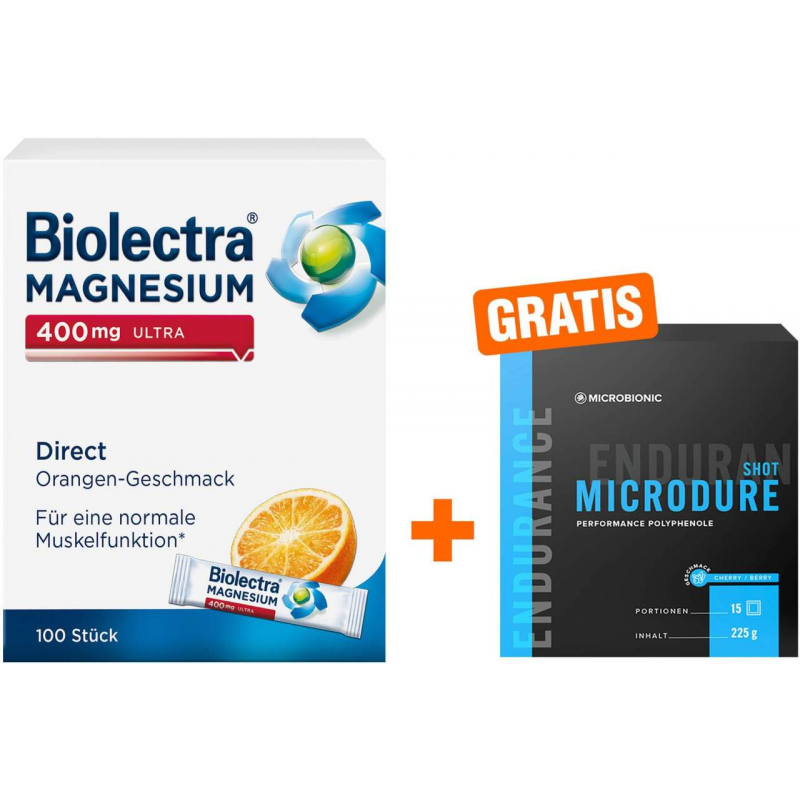 Biolectra Magnesium 400 mg ultra Direct Orange 100 Pellets + gratis Microbionic Microdure Shot 15 Sachets