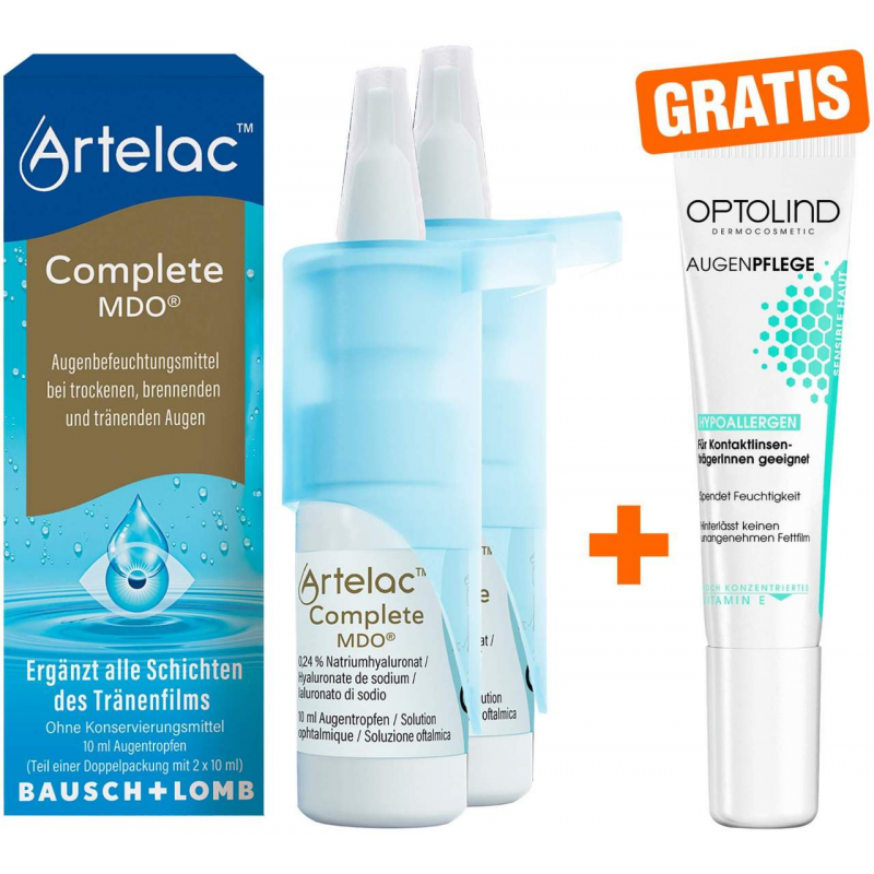 Artelac Complete MDO Augentropfen + gratis Optolind Empflindl. Haut Augenpflege 15 ml