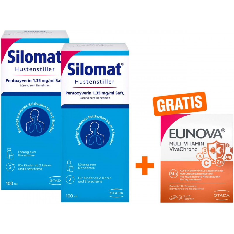 Silomat Hustenstiller Saft 2 x 100 ml + gratis Eunova VivaChrono 2 x 10 Tabletten