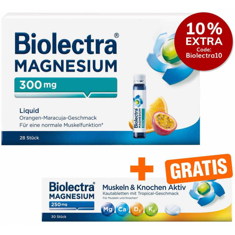 Biolectra Magnesium 300 mg Liquid 28 Trinkfläschchen + gratis Biolectra Magnesium 250 mg Aktiv 30 Kautabletten