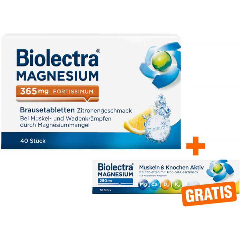 Biolectra Magnesium 365 mg fortissimum Zitronengeschmack 40 Brausetabletten + gratis Magnesium 250 mg 30 Kautabletten