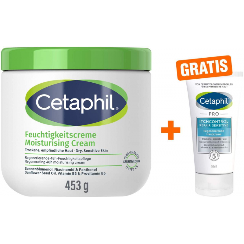 Cetaphil Feuchtigkeitscreme 453g + gratis Pro Itch Control Repair Sensitive regenerierende Handcreme 50 ml